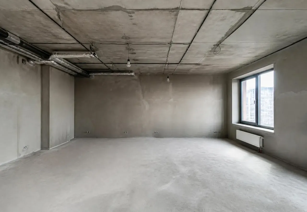 Patalpa be gipskartonio lubų ir pertvarų – plikos betono lubos su komunikacijomis