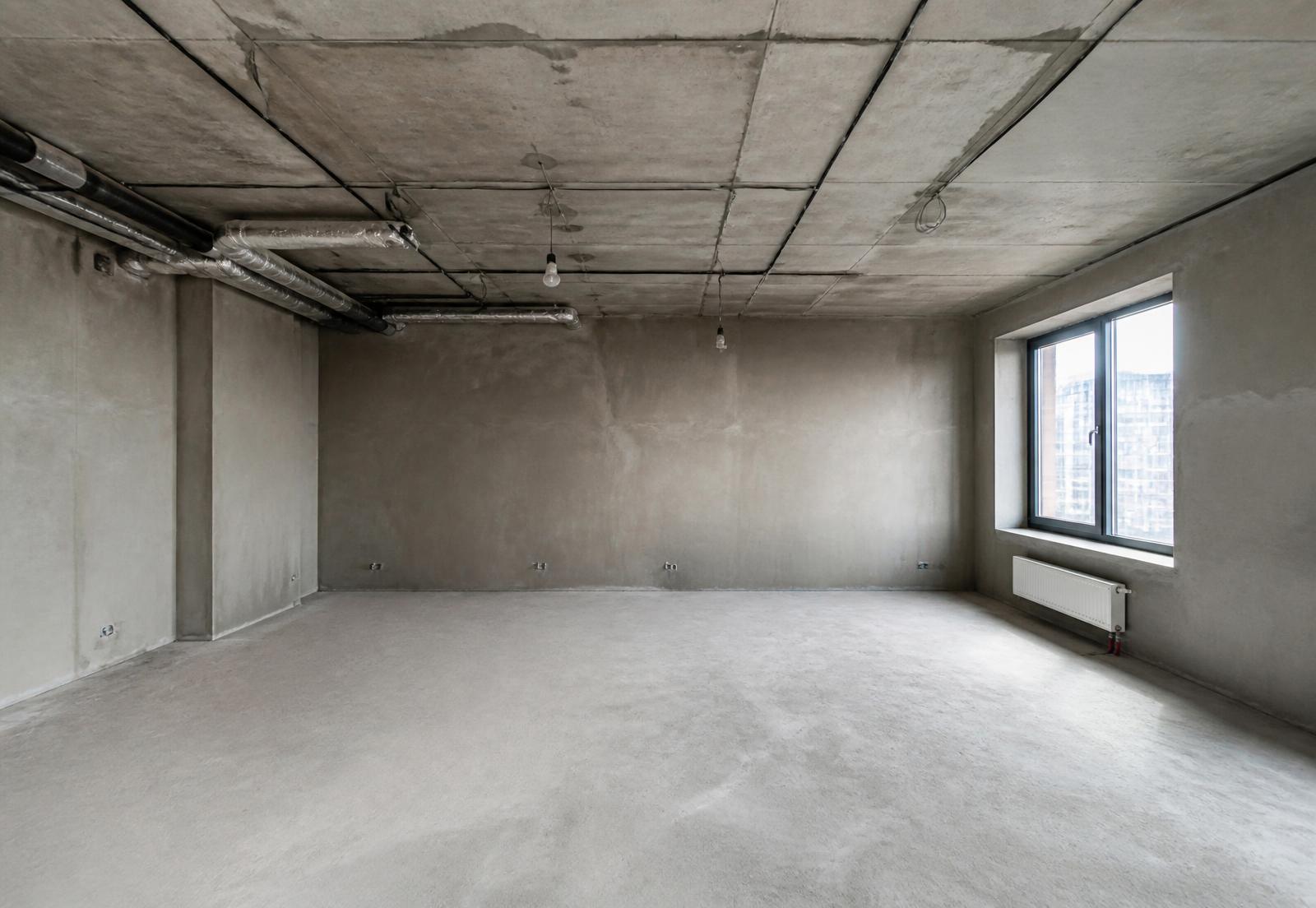 Patalpa be gipskartonio lubų ir pertvarų – plikos betono lubos su komunikacijomis